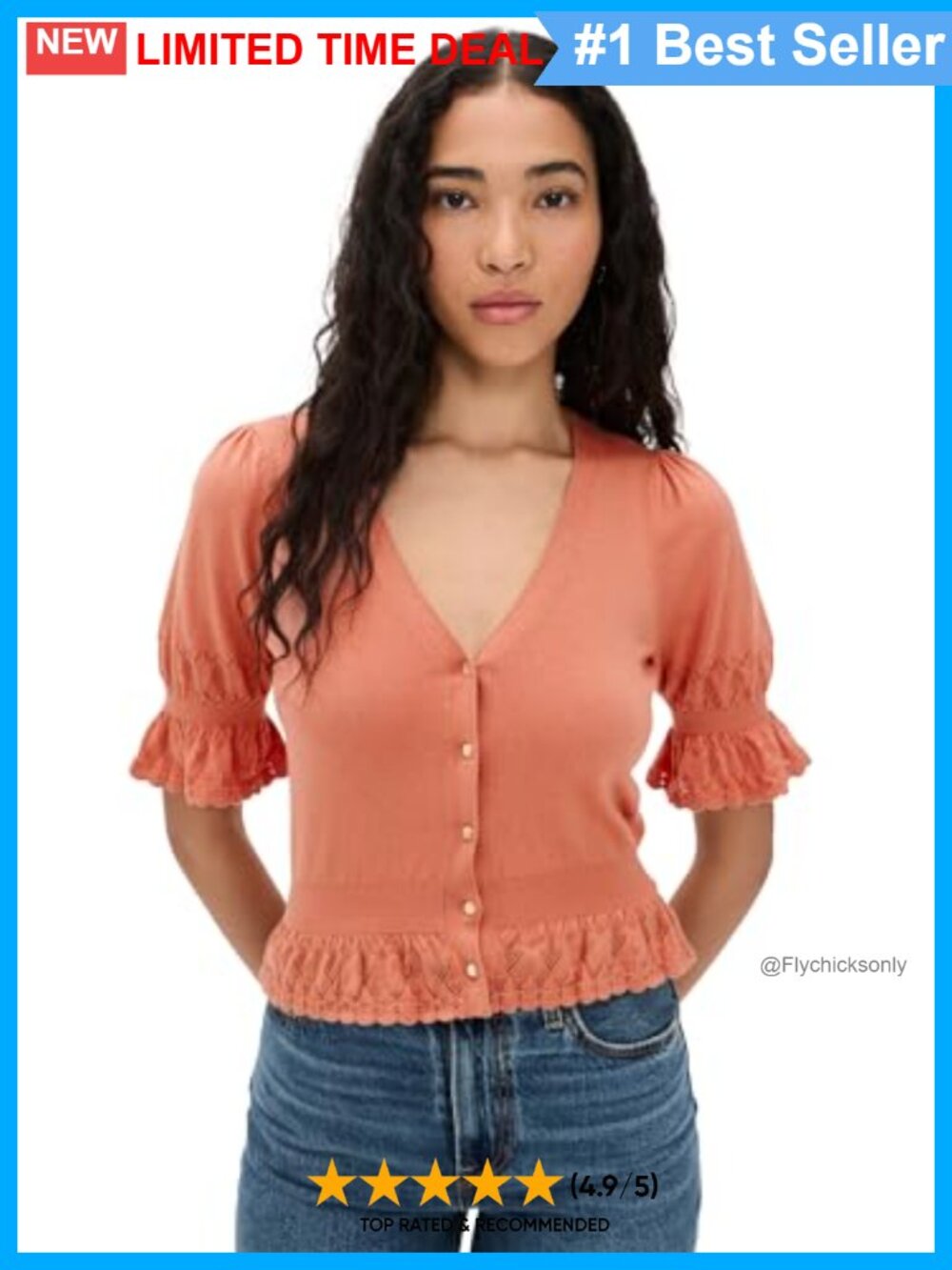 V-Neck Peplum Cardigan with Short Puff Sleeves Button Front Sweater